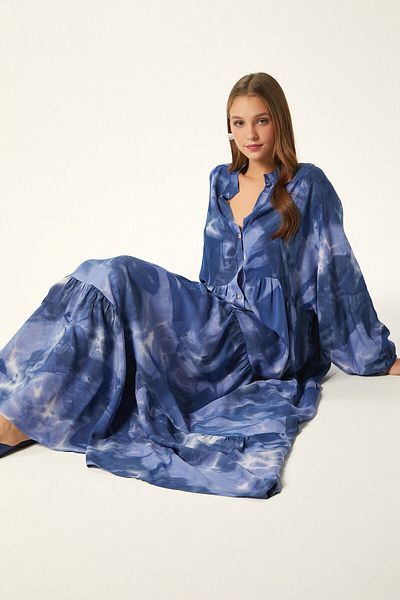 Ritnice Modest Gloria Powder Navy Blue Purple 100% Viscose Maxi Length Tiered Balloon Sleeve Long Summer Dress