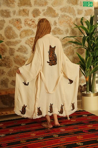 Befera Design Muslin Kimono 100% Cotton Cat Printed Patterned Bathrobe Kaftan Dressing Gown