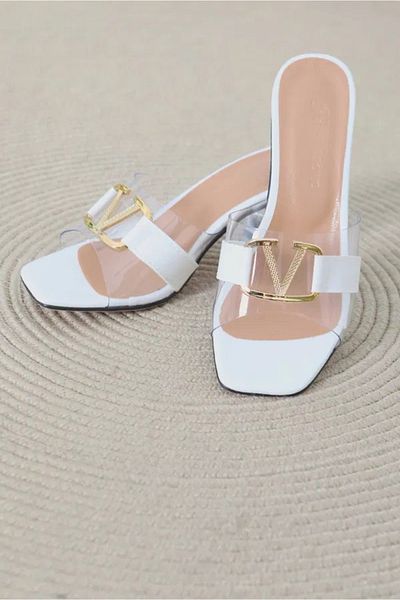 Firibu Stoned Transparent Women's Heeled Stone Banded 3 Piping Slippers Shoes
