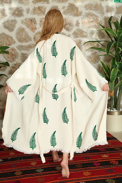 Befera Design Muslin Kimono 100% Cotton Leaf Printed Patterned Bathrobe Kaftan Dressing Gown