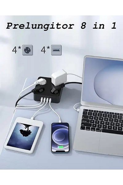 INNOVIO Prelungitor INNOVIO® de putere mare 4000W/16A, 4 prize AC, 4 porturi USB, Multiple Protectii