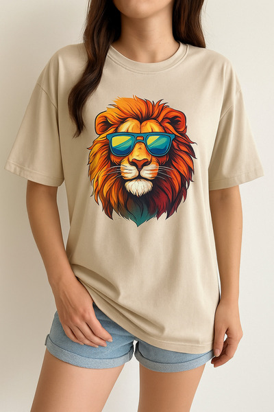 MODA Lion Patterned Loose Cut Off-Shoulder T-Shirt Oversize Collar 100% Cotton Unisex