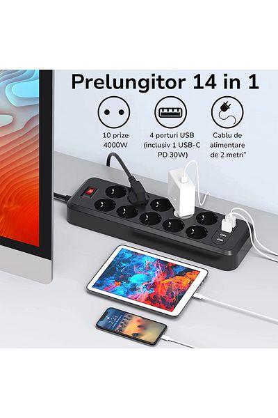 INNOVIO Prelungitor INNOVIO® de Putere Mare 4000W 16A, 10 Prize cu 4 Porturi USB (USB-C PD 30W), Protectii