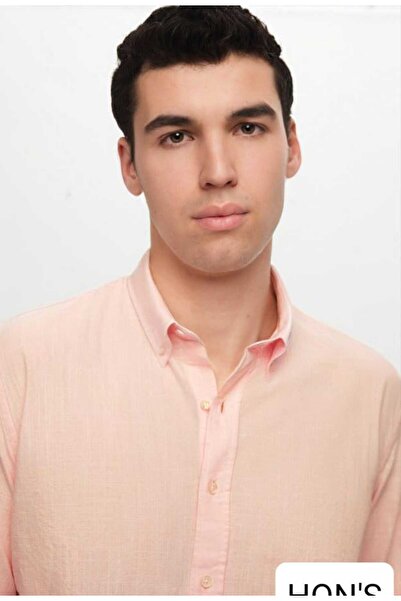 HON'S Slim Fit Erkek Gömlek Keten Görünümlü Uzun Kol Yaka Düğmeli