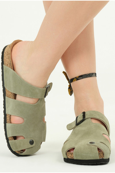 Lemoors Marta Natural Cork Sole Genuine Suede Leather Green Color Women's Sabo Slippers