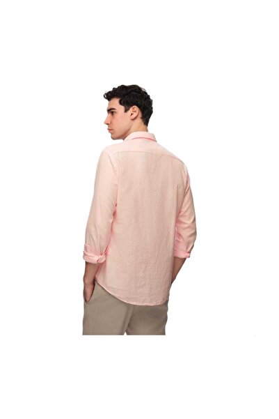 HON'S Slim Fit Erkek Gömlek Keten Görünümlü Uzun Kol Yaka Düğmeli