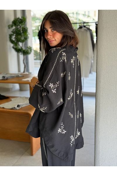 Lavanta Tekstil Kimono Pants Set with Embroidery and Stone Processing Detail