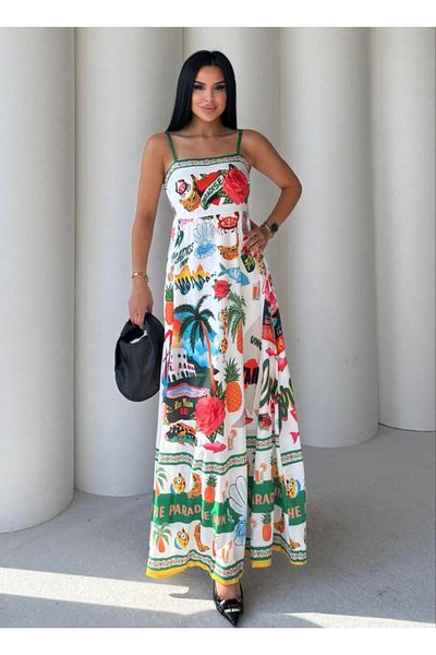 S&A Collectionn Rochie maxi căptușită cu modele multicolore, cu bretele, cu gât pătrat