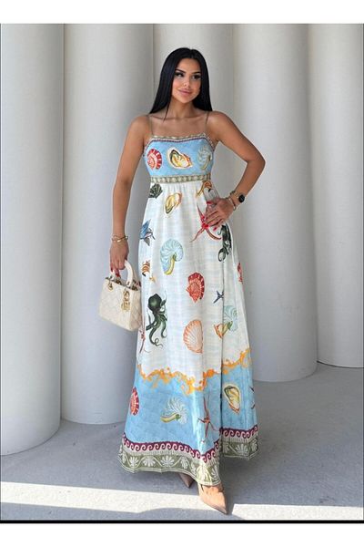S&A Collectionn Rochie maxi căptușită cu decolteu pătrat cu bretele cu model multicolor pe spate