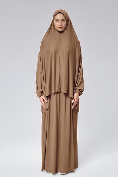 Mesa Charm Women's Hijab Two Piece Organic Cotton Headscarf Plug and Pull Prayer Dress Milky Brown