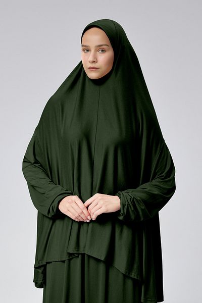Mesa Charm Women's Hijab Two Piece Organic Cotton Headscarf Plug and Pull Prayer Dress Khaki
