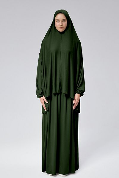 Mesa Charm Women's Hijab Two Piece Organic Cotton Headscarf Plug and Pull Prayer Dress Khaki