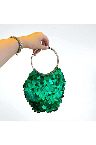 Nuggita Women's Handmade Gold Pul Sequence Knitted Stylish Hand Bag
