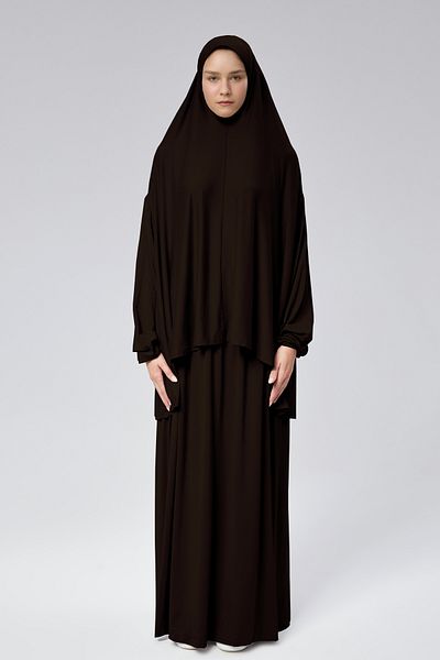 Mesa Charm Women's Hijab Two Piece Organic Cotton Headscarf Plug and Play Prayer Dress Chocolate