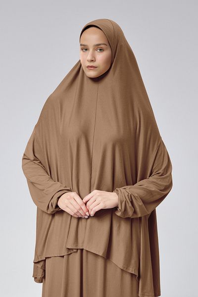 Mesa Charm Women's Hijab Two Piece Organic Cotton Headscarf Plug and Pull Prayer Dress Milky Brown