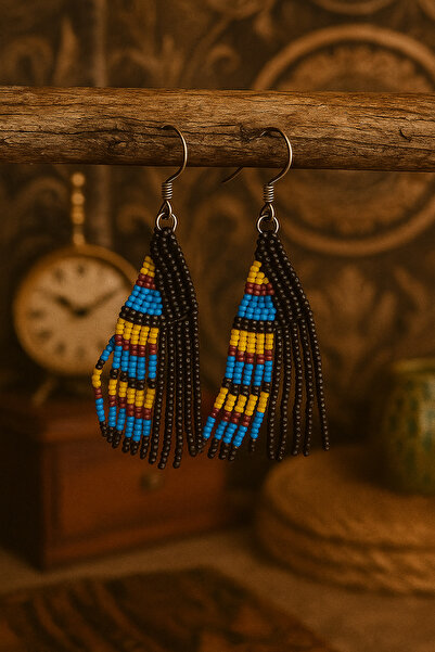 puffydik Ethnic Patterned Colorful Beaded Handmade Dangle Earrings