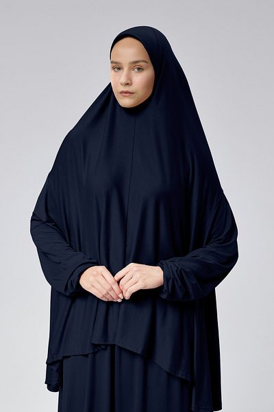 Mesa Charm Women's Hijab Two Piece Organic Cotton Headscarf Plug and Pull Prayer Dress Navy Blue
