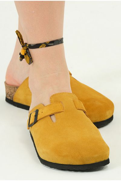 Lemoors Susana Natural Cork Sole Genuine Suede Leather Mustard Yellow Sabo Slippers
