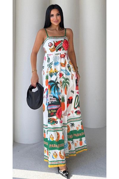 S&A Collectionn Rochie maxi căptușită cu modele multicolore, cu bretele, cu gât pătrat