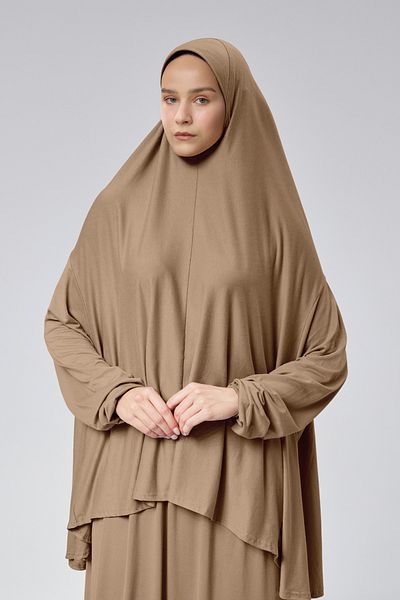 Mesa Charm Women's Hijab Two Piece Organic Cotton Headscarf Plug and Pull Prayer Dress Beige
