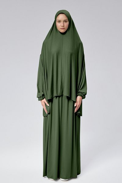 Mesa Charm Women's Hijab Two Piece Organic Cotton Headscarf Plug and Play Prayer Dress Pistachio Green