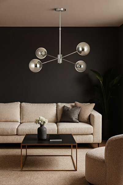 Avizemoda Pinza 4 lü Füme Camlı Salon Oturma Odası Modern Kollu Avize - (Krom Kaplama)