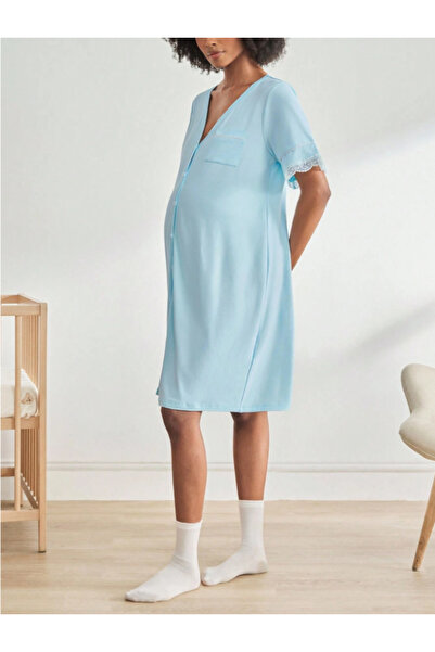 Miss Dünya Lissa Maternity and Maternity V-Neck Front Buttoned Lace Detailed Nightgown