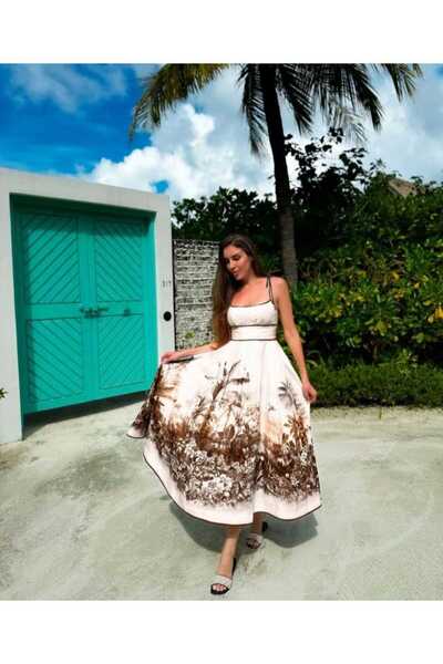 MODALOVİA Nature Patterned Strap Summer Midi Dress