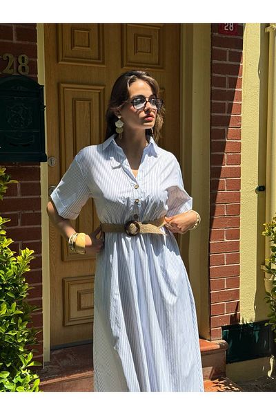 Lovia Shirt Collar Belted Striped Midi Pocket Dress – Summer Loose Model