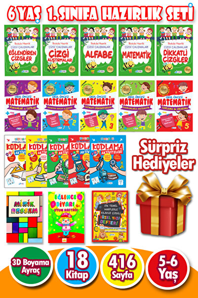 Harika Çocuk Yayınları 6 Yaş 1 . Sınıfa Hazırlık Seti - Ilkokula Başlayacaklar Için Çizgi Çalışmaları Matematik Kodlama Ve