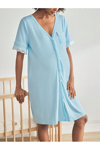 Miss Dünya Lissa Maternity and Maternity V-Neck Front Buttoned Lace Detailed Nightgown