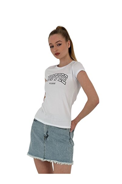 Miss Poem Γυναικείο καλοκαιρινό μπλουζάκι με στάμπα καφέ με κοντό μανίκι στενό λευκό μπλουζάκι