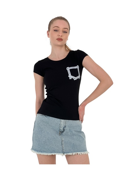 Miss Poem Γυναικείο καλοκαιρινό κοντομάνικο μπλουζάκι μαύρο μπλουζάκι
