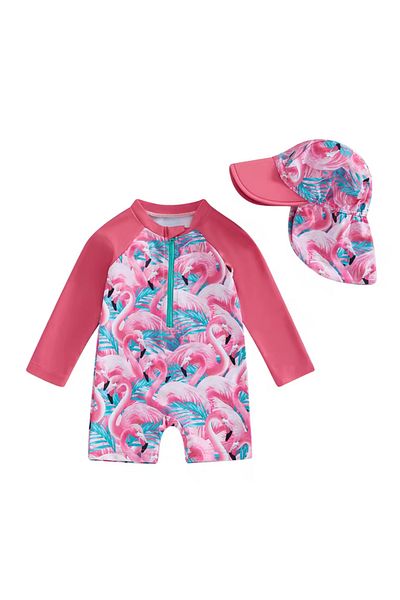 SMP Flamingo Patterned Long Sleeve Half Zipper Baby Swimsuit