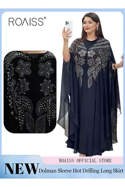 ROAISS Women's Dress Oversized Skirt with Dolman Sleeves Loose Waist Robe Pearl Chiffon Diamond Have Inner