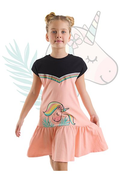 Denokids Φόρεμα για κορίτσια με μοτίβο μονόκερου - σομόν μαύρο καλοκαιρινό χτενισμένο βαμβάκι