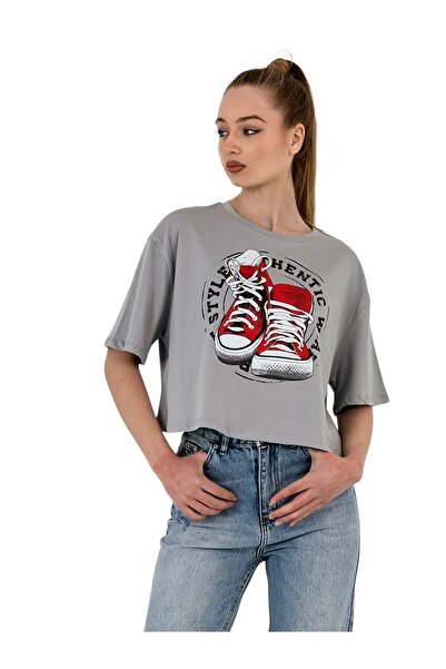 Miss Poem Women's Oversize Printed Short Sleeve Gray Crop T-Shirt