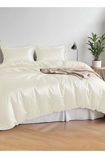 LUNA HOME King Size 6 Pieces Premium Bamboo Satin Silky Duvet Cover Set, Ivory Color 220x240cm.