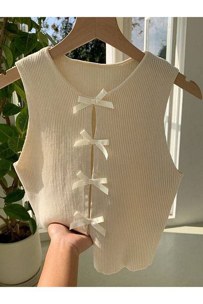 trendgar Beige Women's Ribbon Detailed Knitwear Vest