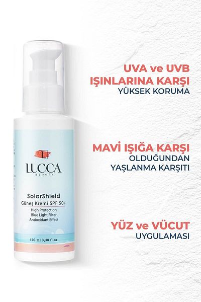 LUCCA BEAUTY Solarshield Sunscreen 100 ml - 50 Spf High Protection, Cosmos Certified and Water Based Cream