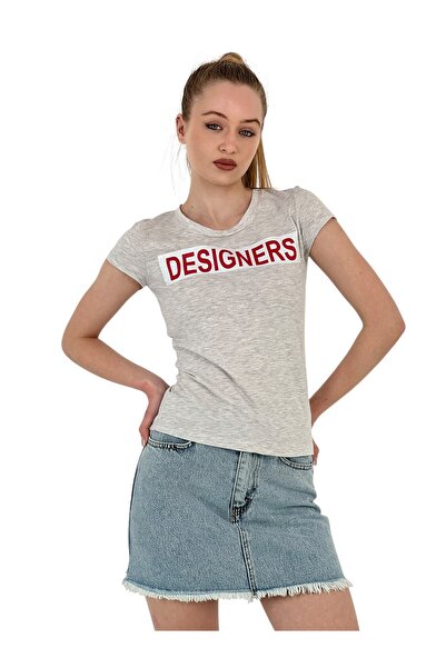 Miss Poem Women's Summer Text Print Short Sleeve Tight Gray T-Shirt