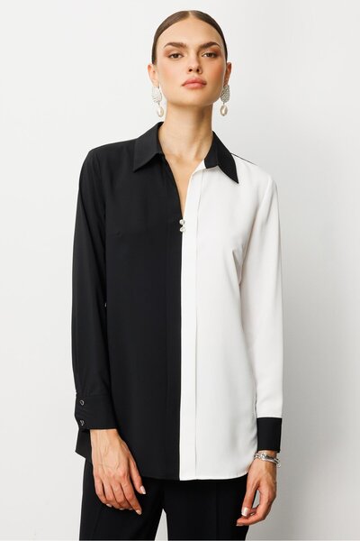 Moda İlgi Modailgi Чорна сорочка з коміром та каменними ґудзиками, чорна/екрю