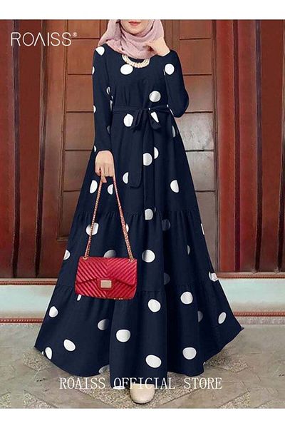 ROAISS Women Spring Muslim Dress Elegant Casual Loose Abaya Long Sleeved Polka Dots Printed Maxi Robe