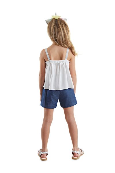 Denokids Unicorn Patterned Girl's Summer Set - Colorful Tasseled Blouse and Denim Shorts