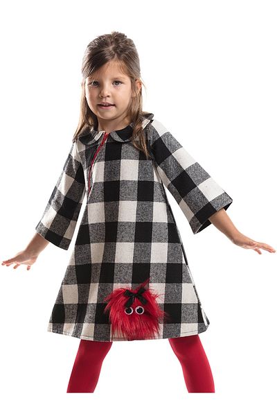 Denokids Pompom Girl - Μαύρο και άσπρο καρό, μακρυμάνικο χειμερινό φόρεμα