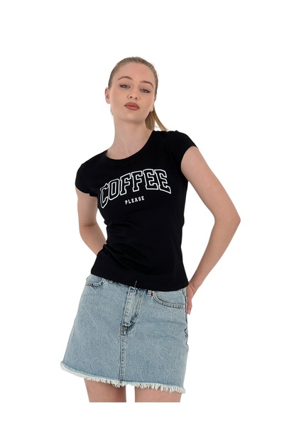 Miss Poem Γυναικείο καλοκαιρινό μπλουζάκι με στάμπα καφέ με κοντό μανίκι στεν...