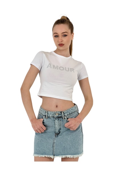 Miss Poem Γυναικείο κοντομάνικο καλοκαιρινό λευκό μπλουζάκι με πέτρες