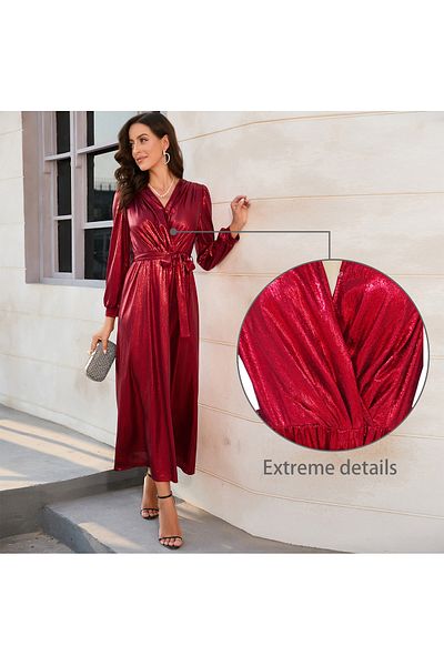 ROAISS Women's V Neck Dinner Dress Long Sleeve Ankle Length Cocktail Dress Waist Belt Tightening Dress