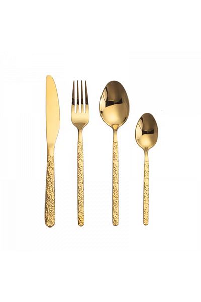 INNOVIO Premium Cutlery Set, 18/10 304 Stainless Steel, 24 Pieces, Elegant Stone Texture Handle, Gold
