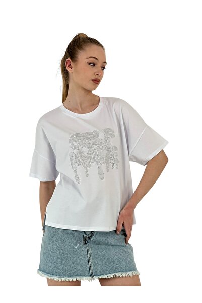 Miss Poem Γυναικείο μπλουζάκι Self Stone με τύπωμα με κοντό μανίκι, φαρδύ λευκό μπλουζάκι